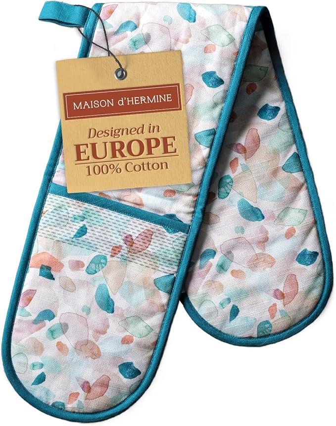 Maison d' Hermine Double Oven Mitts 100% Cotton 7"x35" Double Oven Mitt Heat Resistant BBQ Cooking Gloves with Loop Baking Grilling Kitchen Hotel Home Farmhouse Spring Summer (Summer Picnic)