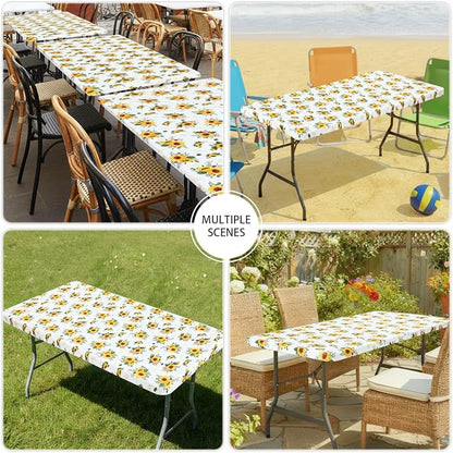 Smiry Spandex Fitted Tablecloth for 8 Foot Rectangle Tables, Washable Picnic Table Cover with Elastic, Stretch Reusable Table Cloth for Outdoor, Camping, Dining & Kitchen (Sunflower, 30"x96")