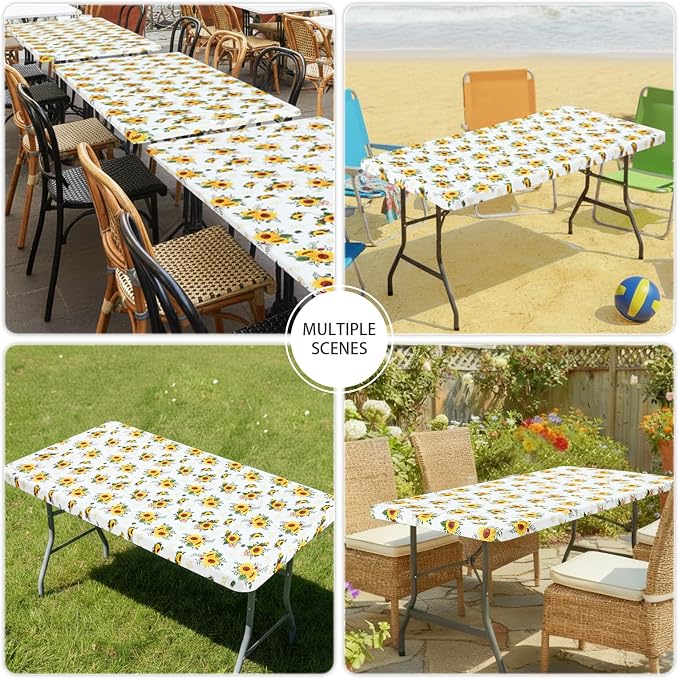 Smiry Spandex Fitted Tablecloth for 4 Foot Rectangle Tables, Washable Picnic Table Cover with Elastic, Stretch Reusable Table Cloth for Outdoor, Camping, Dining & Kitchen (Sunflower, 30"x48")