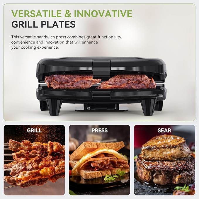 OSTBA Panini Press Sandwich Maker, 2-Slice Sandwich Toaster Grill | 750W Heating with Raised Nonstick Grill Plates, Indicator Lights, Cool-Touch Handle, Cord Wrap Storage and Easy Cleanup