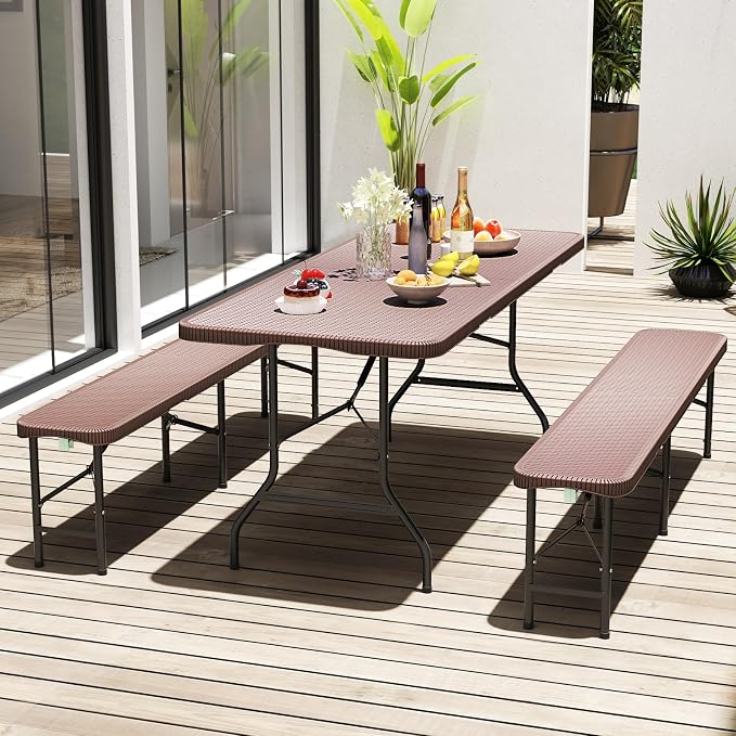 Goplus 6ft Plastic Folding Table, 350 LBS Outdoor Heavy Duty Folding Tables with Rattan-Like HDPE Tabletop, Handle, Lock, Foldable Rectangle Portable Utility Card Table for Picnic, Camping, Dining