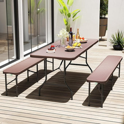Goplus 6ft Plastic Folding Table, 350 LBS Outdoor Heavy Duty Folding Tables with Rattan-Like HDPE Tabletop, Handle, Lock, Foldable Rectangle Portable Utility Card Table for Picnic, Camping, Dining