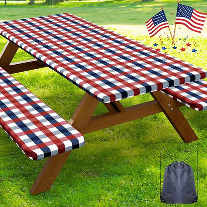 Smiry 5FT Picnic Table Cover with Bench Covers, Elastic Fitted Tablecloth | Waterproof Washable Rectangle Tablecloths ,Buffalo Plaid Tablecloth for Dining, Camping, Outdoor (Red & Blue, 30" x 60")