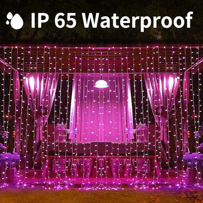 300LED Solar Curtain Lights USB & Solar Dual Powered Waterproof Fairy String Lights 8 Modes Twinkle for Home Indoor Outdoor Use Garden Patio Wedding Party (Pink)