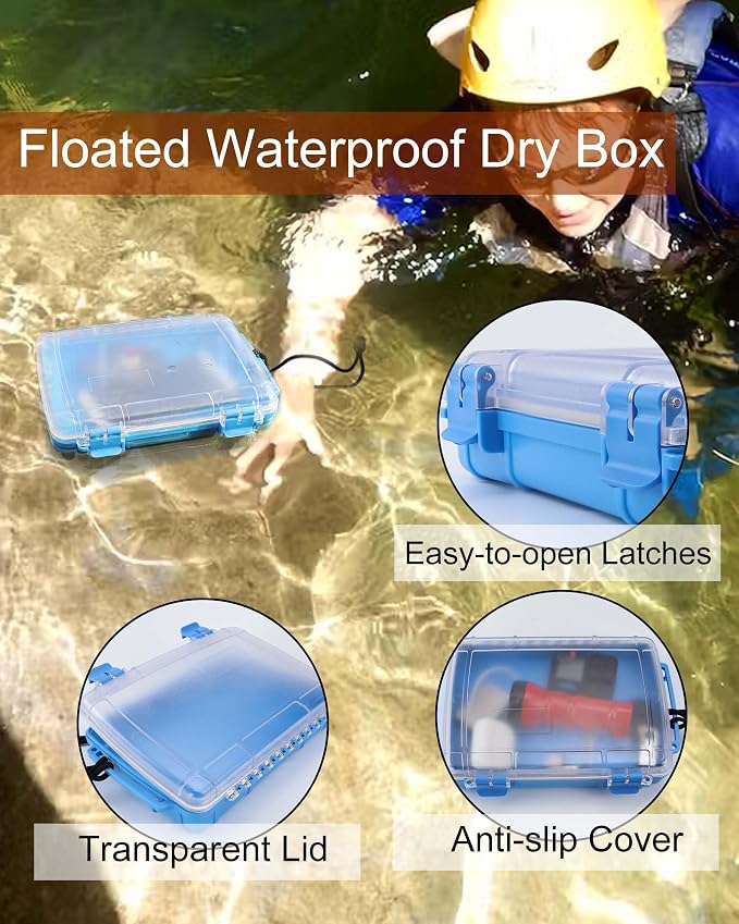 Waterproof Dry Box Floating Watertight Storage Box for Kayak & Boat | Waterproof Drybox Container, with Rubber Gasket & Transparent Lid & Rope for Water Sports, 9.4" L x 6.5" W x 2" H