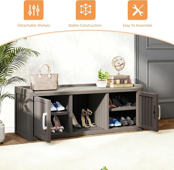 NUNU LAB Resin Shoe Cabinet,Waterproof Shoe Storage Cabinet with Adjustable Shelves,Entryway Storage Bench with Seat,Shoe Bench with Doors for Foyer,Hallway,Living Room (Grey, 2-Door Big)