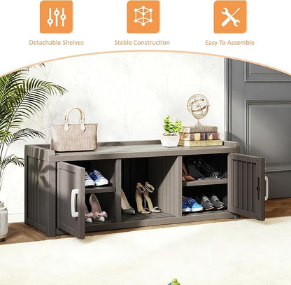 NUNU LAB Resin Shoe Cabinet,Waterproof Shoe Storage Cabinet with Adjustable Shelves,Entryway Storage Bench with Seat,Shoe Bench with Doors for Foyer,Hallway,Living Room (Grey, 2-Door Big)