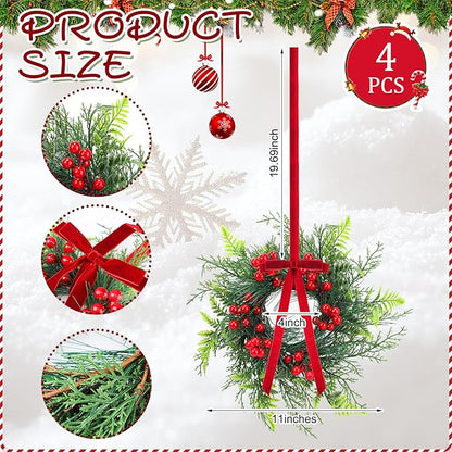 Suncalla 4 Pcs 11 Inch Mini Christmas Cabinet Wreath for Kitchen Christmas Berry Hanging Cabinet Wreath Decor with Red Bow Artificial Pine Candle Ring for Xmas Door Fireplaces Table Centerpiece