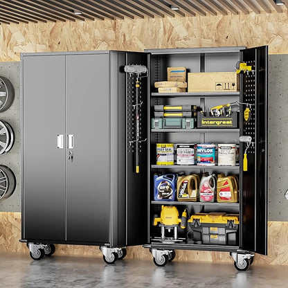 Rolling Metal Cabinet with Wheels, 72" Locking Storage Cabinet with Adjustable Shelves, Large Capacity Pulley Cabinets for Home Office, School, Warehouse(Black)