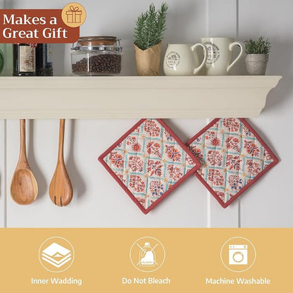 Maison d' Hermine Pot Holders 100% Cotton Potholders (8" x 8", Pack of 1) | Heat Resistant Hot Pads with Loop BBQ Cooking Baking Hotel Kitchen Handling Hot Pans Thanksgiving Christmas - Romane