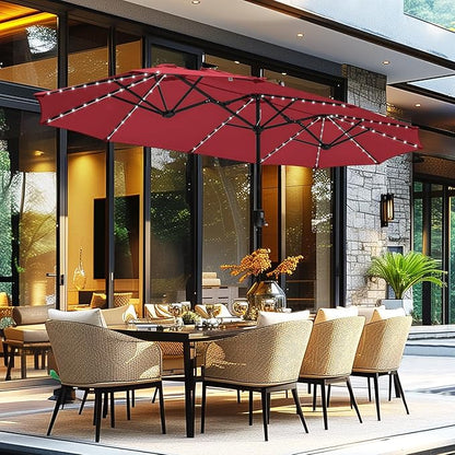 GREEN PARTY 13ft Outdoor Patio Umbrella with Solar Lights, 120 LED 12-Mode Large Double Sided Rectangular Table Umbrella, Heavy Duty Triple-Head Shade for Backyard Deck & Poolside, Burgundy(No Base)