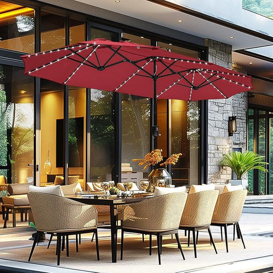 GREEN PARTY 13ft Outdoor Patio Umbrella with Solar Lights, 120 LED 12-Mode Large Double Sided Rectangular Table Umbrella, Heavy Duty Triple-Head Shade for Backyard Deck & Poolside, Burgundy(No Base)
