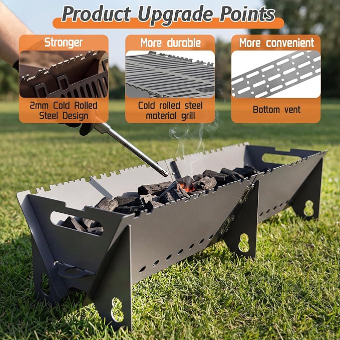 Portable Charcoal BBQ Grill, Extra Long Heavy Duty Camping Safe | 31.4"x9.1"x7.9",2mm Steel Construction for Outdoor Cook, Family BBQ, Picnic，Detachable, Folds to 3cm Flat for Easy Storage