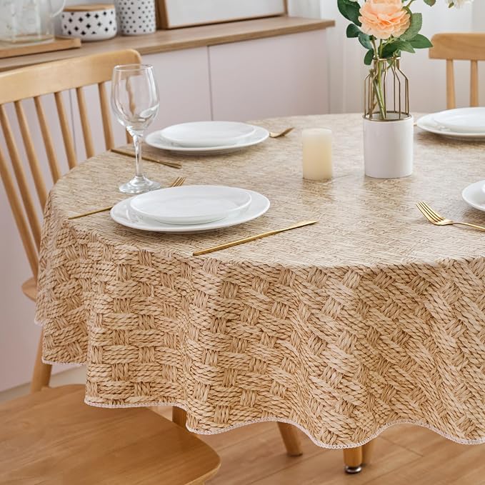 NLMUVW 48 Inch Round Vinyl Tablecloth Flannel Backing, 100% Waterproof PVC Table Cloth Wipe Clean Table Cover for Dining Party Camping Outdoor, Wood Check