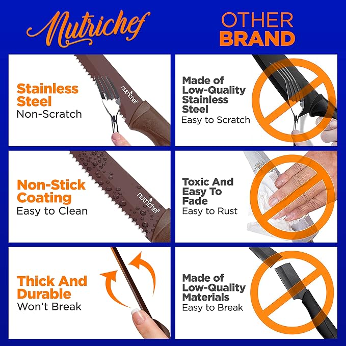 NutriChef 8 Piece Kitchen Knife Set - Multi-purpose Unbreakable Ergonomic Non-stick Stainless Steel Kitchen Steak Knives Set with Fully Serrated Blades - Great for BBQ Grill - NCSK8BW,Brown