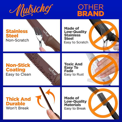 NutriChef 8 Piece Kitchen Knife Set - Multi-purpose Unbreakable Ergonomic Non-stick Stainless Steel Kitchen Steak Knives Set with Fully Serrated Blades - Great for BBQ Grill - NCSK8BW,Brown