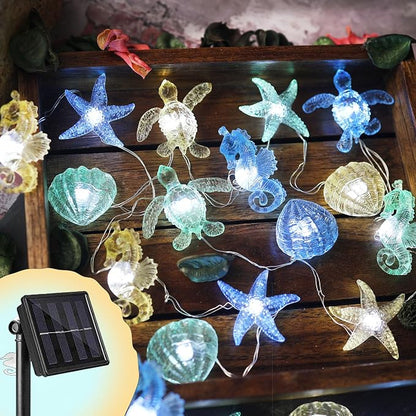 Solar String lights Outdoor Decorative Fairy Solar Lights for Outside Garden Décor Waterproof Sea life Turtle Seahorse Starfish Ocean Nautical Balcony Patio Lights 40LED 14ft Yard Fence Window Decor
