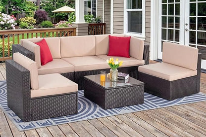 Vongrasig 6 Piece Patio Furniture Set, Small Outdoor Sectional Sofa Couch, All Weather PE Wicker L-Shaped Corner Patio Sofa Garden Backyard Patio Conversation Set w/Glass Table, Beige