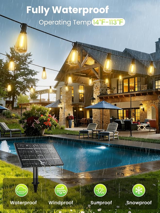 Svater 100 FT Solar Outdoor String Lights with Remote, ST38 Patio Lights Shatterproof Dimmable Vintage Edison Bulbs - Solar Powered Weatherproof Light for Patio, Backyard, Garden, Bistro