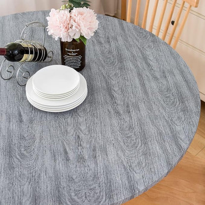 LIBERECOO Round Vinyl Fitted Tablecloth with Flannel Backing Elastic Edge Table Cover Waterproof Stain-Resistant Wipeable Tablecloths Fits 45-56" Round Tables