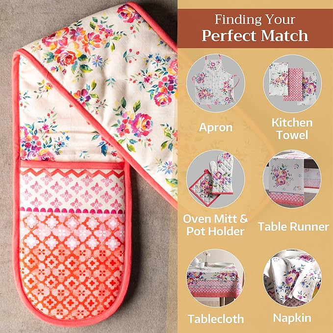 Maison d' Hermine Double Oven Mitts 100% Cotton 7"x35" Double Oven Mitt Heat Resistant BBQ Cooking Gloves with Loop Baking Grilling Kitchen Hotel Home Farmhouse Spring Summer (Rose Garden)