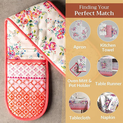 Maison d' Hermine Double Oven Mitts 100% Cotton 7"x35" Double Oven Mitt Heat Resistant BBQ Cooking Gloves with Loop Baking Grilling Kitchen Hotel Home Farmhouse Spring Summer (Rose Garden)