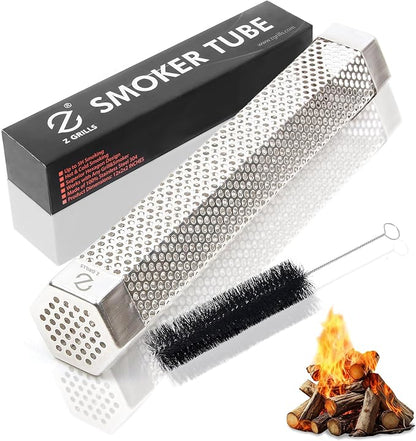 Z GRILLS Pellet Smoker Tube with 2 Hooks and Brush, 12" BBQ Billowing Smoke Mesh Stainless Steel for Cold/Hot Smoking