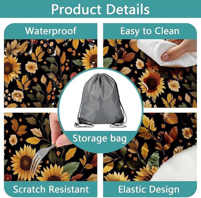 Picnic Table Cover with Bench Covers, Camping Essentials, Sunflower Flower Leaves Waterproof Windproof Patio Table Cover, Fitted Tablecloth Cover with Elastic Edge for Indoor Outdoor 3 PCS 30x60 Inch