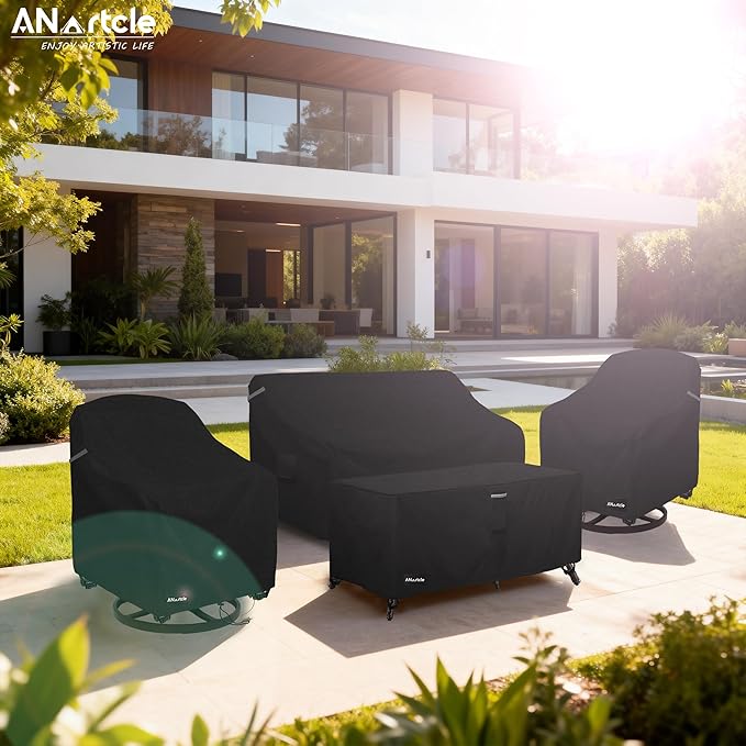 ANartcle Patio Furniture Covers 4 Piece Set, 600D Waterproof Heavy Duty Outdoor Furniture Covers,Fit Wicker Patio Sofa, Swivel Rocker Chair and Coffee Table,Black