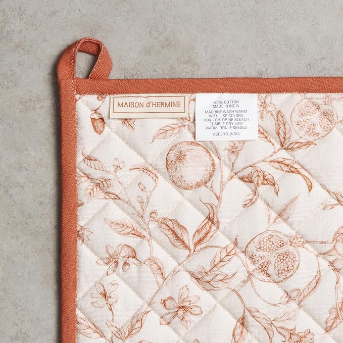 Maison d' Hermine 100% Cotton Oven Mitt & Pot Holder Set (7.5"x13" & 8"x8") | Heat Resistant BBQ Cooking Gloves with Loop Baking Grilling Kitchen Home Farmhouse Thanksgiving Christmas - Vintage Harvest