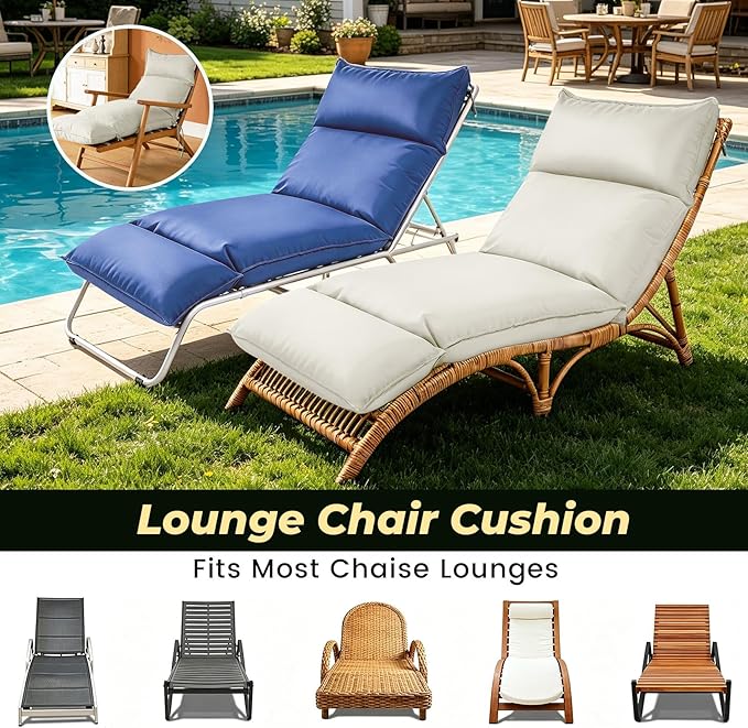 Outdoor Chaise Lounge Chair Cushion, Waterproof Non-Slip Patio Chaise Lounge Cushions for Outdoor Furniture, 72 x 21 x 5 Inches, Beige