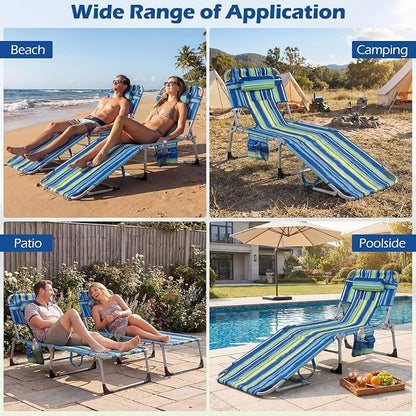 GYMAX Tanning Chair with Face Hole, Sun Bathing Lounge Chairs for Outside with Side Pocket, Folding Portable Face Down Layout Tanning Chair Beach, Backyard, Poolside, Lawn (Blue Stripe,1)