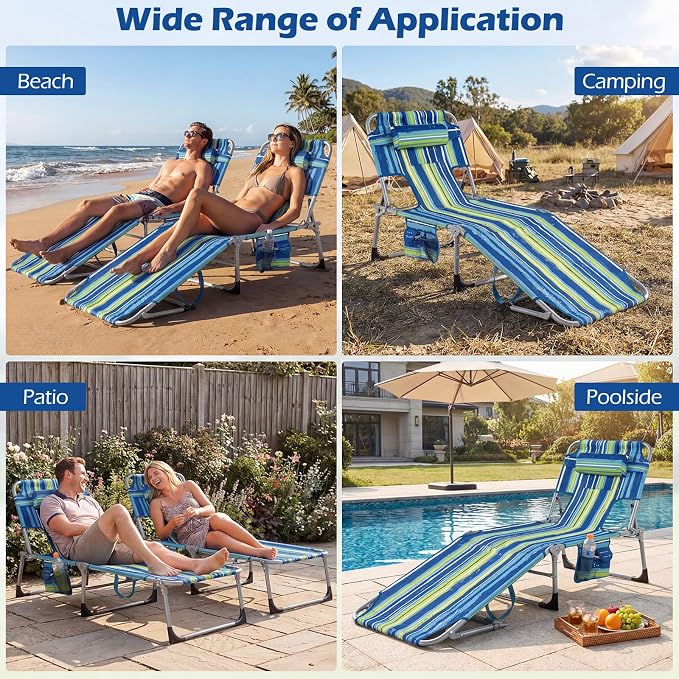 GYMAX Tanning Chair, Folding Lounger with Face/Arm Holes, Carry Handles & Side Pocket, Portable Lightweight Layout Beach Chair for Outdoor/Indoor, Face Down Sun Lounger (1, Blue Stripe)