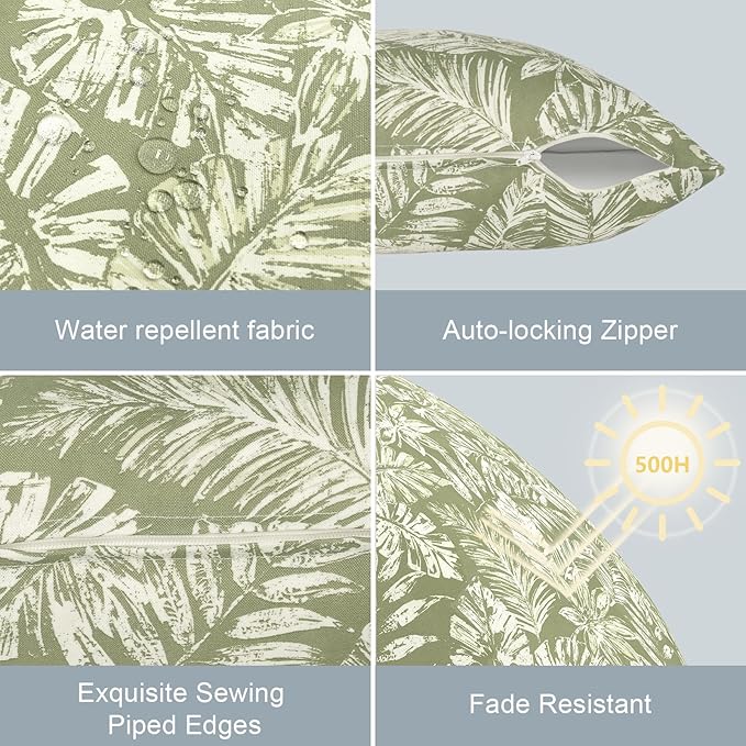 LVTXIII Outdoor/Indoor Lumbar Pillow Covers ONLY, Decorative Patio Lumbar Cushion Covers, Fluffy Water Repellent Garden Cushion Cases for Home Patio Use, 12x20 Inch, Pack of 2, Tropical Leaf Green