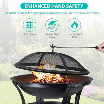 22 Inches Portable Fire Pit Outdoor Wood Burning Steel Lightweight BBQ Grill Firepit Bowl with Log Grate&Poker for Outside Patio Campfire Bonfire Backyard