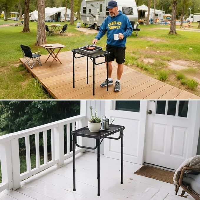 VINTEAM Camping Folding Grill Table | 3 Adjustable Heights | Lightweight, Portable Aluminum Table for BBQs, Picnic, and Outdoor Use | Mesh Desktop, 66lbs Weight Capacity