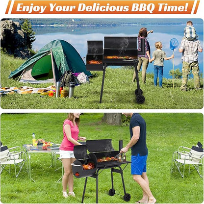 Charcoal Grill Outdoor BBQ Grill 43 Inch Portable Camping Grills with Offset Smoker & Pulleys for Picnics Parties Patio,Black