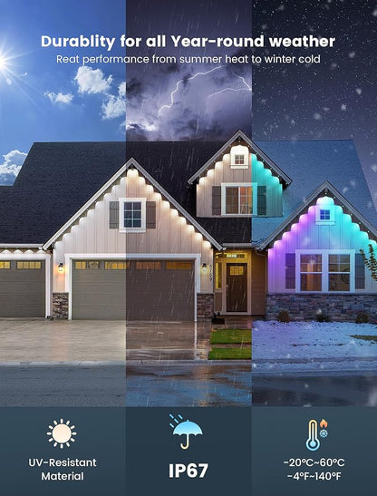 Permanent Outdoor Lights for House,100FT RGB+IC Smart Lights | 60 LEDs,App/Remote Control,IP67 Waterproof,DIY Color-Changing String Lights For Eaves,Xmas,Halloween And Party Decor