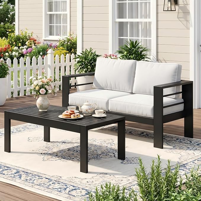 Wisteria Lane Aluminum Outdoor Sofa, 2 Pieces Patio Couch All-Weather Rust-Proof Modern Metal Patio Furniture with 5" Thick Olefin Cushions, Light Grey