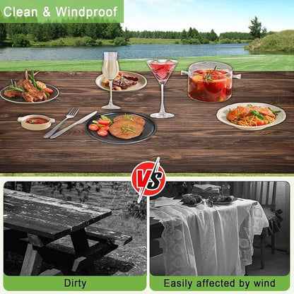 JAWO Vintage Brown Rustic Wooden Picnic Table Cover with Bench Covers, Modern Camping RV Essentials Gear Supplies Outdoor Waterproof Windproof Tablecloth with Elastic, 30X72in