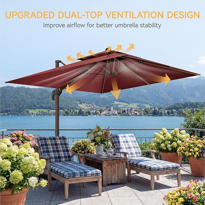 10x13 FT Wood Pattern Patio Umbrella with Base, Large Deluxe Cantilever Rectangular Double Top Heavy Duty Offset Umbrellas with 360° Rotation, Outdoor shade for Garden Pool Patio, Red