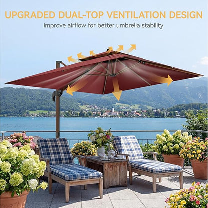 10x13 FT Wood Pattern Patio Umbrella with Base, Large Deluxe Cantilever Rectangular Double Top Heavy Duty Offset Umbrellas with 360° Rotation, Outdoor shade for Garden Pool Patio, Red