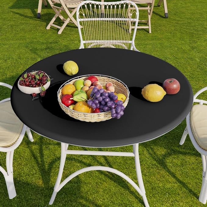Romanstile Round Fitted Vinyl Tablecloth with Elastic Edge 100% Waterproof | Table Covers for 36"- 44" Tables, Wipeable Flannel Backed Plastic Table Cloths for Dinner, Picnic, Camping, Outdoor, Black