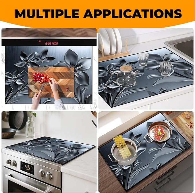 Heat-Resistant Glass Stove Top Cover with Anti-Slip Rubber Coating – Electric Stove Protector, Scratch-Resistant, Counter Space Decor Mat (Flower, 28.5"L x 20.5"W)