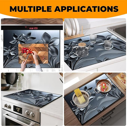 Heat-Resistant Glass Stove Top Cover with Anti-Slip Rubber Coating – Electric Stove Protector, Scratch-Resistant, Counter Space Decor Mat (Flower, 28.5"L x 20.5"W)