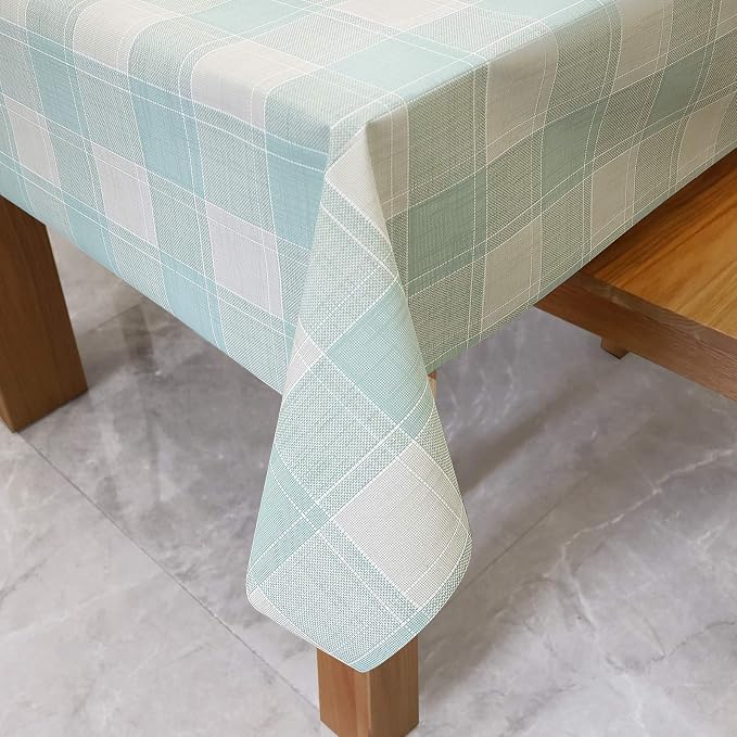 AIRCOWRIE Waterproof Vinyl Tablecloths, Heavy Duty Oil Proof Spill Proof Plastic Table Cloth, Wipe Clean PVC Table Cover for Spring Indoor and Outdoor Use (Green Checkered, 54”×120”, Rectangle)