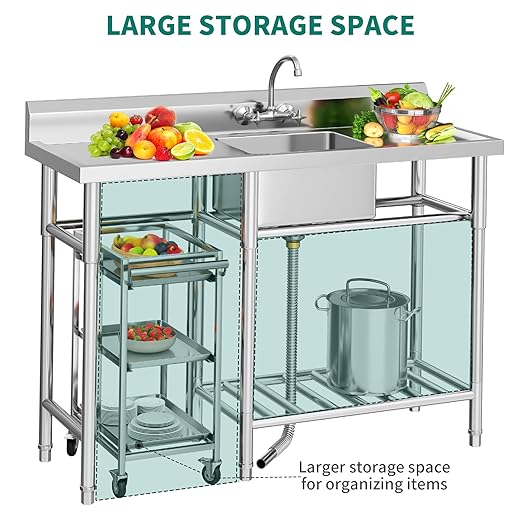 YITAHOME Stainless Steel Freestanding Utility Large Sink with 2 Drainboards & Cart Storage Space, Single Bowl NSF Commercial Prep Sink W/Storage Shelf for Restaurant, Laundry, Garage,Outdoor 50in