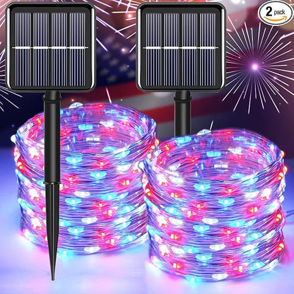 4th of July Patriotic Decorations, Red White Blue Solar Fairy String Lights Outdoor Waterproof, 2Pack Total 200LED 66Ft, IP67 8 Modes Outside for Memorial Day, Garden, Patio, Yard
