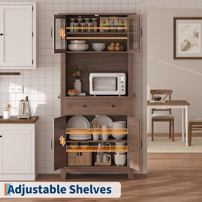 Garvee 72" Tall Kitchen Pantry Cabinet with Hutch and Microwave Stand | Freestanding Food Pantry Hutch with Adjustable Shelves, Glass Doors And Drawers for Dining Room, Living Room, Brown