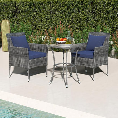Tangkula 3-Piece Patio Furniture Set, PE Wicker Conversation Bistro Set w/A Tempered Glass Table & 2 Cushioned Chairs, Outdoor Table & Chairs Set for Patio Porch Yard Garden (Mix Gray+Navy)